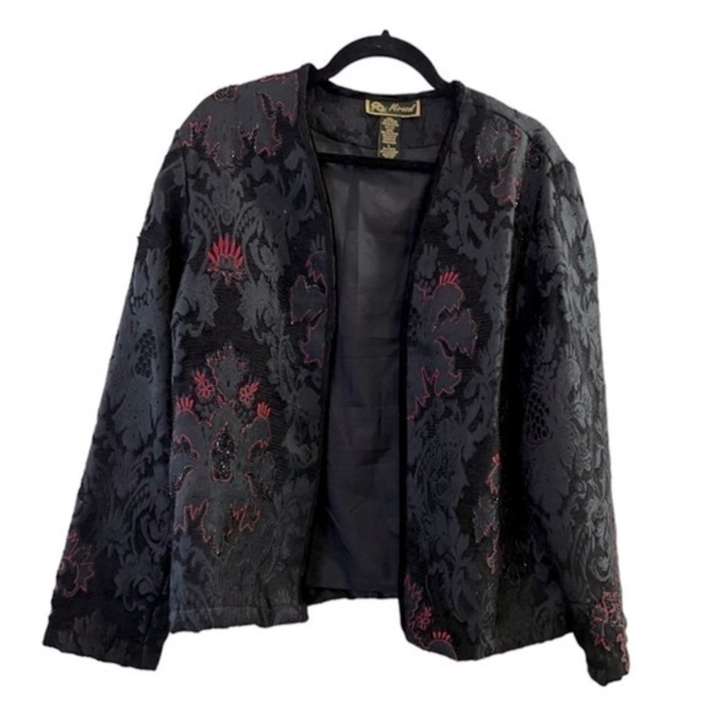 Vintage Mirasol Black & Red Embroidered Beaded Brocade Luxe Lined Open Jacket
